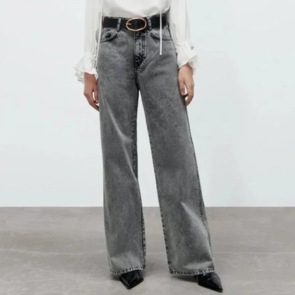 Zara Denim - Zara Stone Grey Black High Rise Wide Leg Jeans NWT size 34 (US 2)